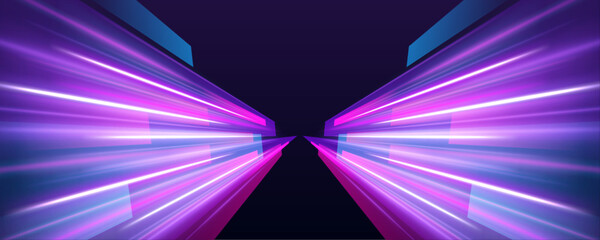Neon purple and turquoise waves twist over a dark horizon, creating luminous motion trails and high-speed cyber energy effects. © Extrastock