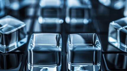 Closeup of Transparent Ice Cubes on Dark Surface in Studio Lighting