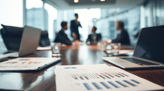 Business meeting in a modern conference room with laptops and charts on the table and executives discussing strategy in the background