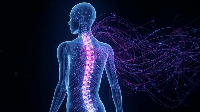Pulsing model with glowing spine and flowing filaments against void at start, showing nerve flow