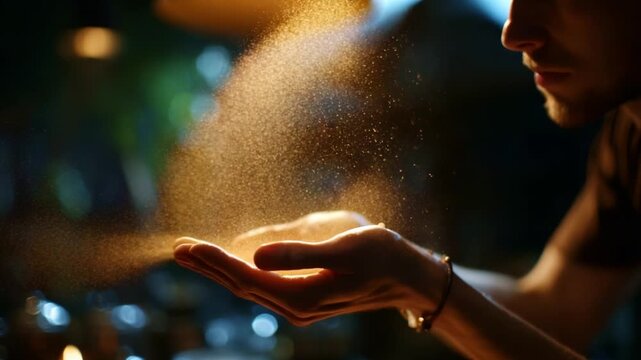 An Enigmatic Dance of Light and Dust: Capturing Flecks of Magic in the Air from a Hand, Illustrating the Intersection of Mystique and Reality
