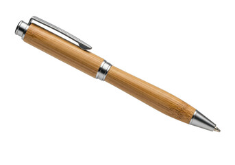 Naklejka premium Wooden ballpoint pen with silver clip on transparent background 