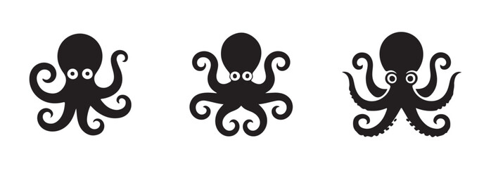Simple black silhouette icons set of three stylized cute octopus characters collection © FARJANAAKTER