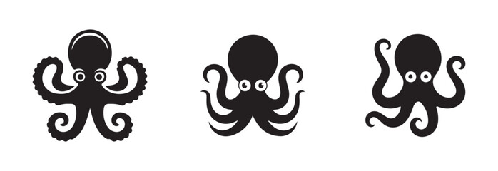 Contour drawing of a cartoon octopus silhouette featuring large eyes and suckers visible on lower arms © FARJANAAKTER