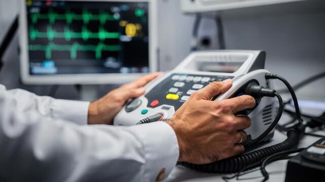 Medium shot of paramedic hands pressing buttons on a defibrillator in an ambulance with the monitor screen displaying vital signs in soft focus background.