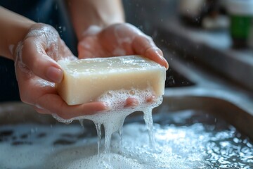 Fototapeta premium Hands holding a bar of soap in soapy water for washing tasks Generative AI