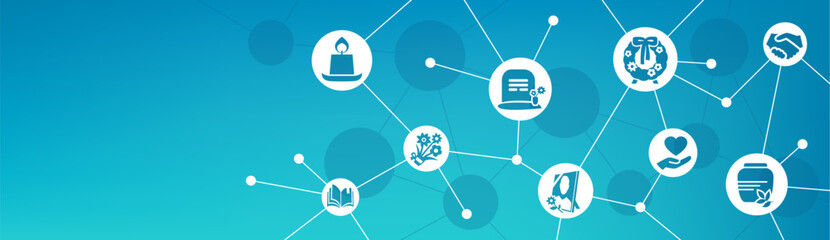 Funeral services vector illustration. Blue banner with icons related to cemetery / burial / memorial / cremation - examples of funeral home services - bereavement, funeral arrangements, remembrance.