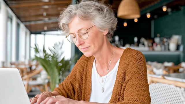 Older woman engaged in focused work on laptop in stylish cafe, showcasing active aging and professional dedication, camera captures gradual zoom in