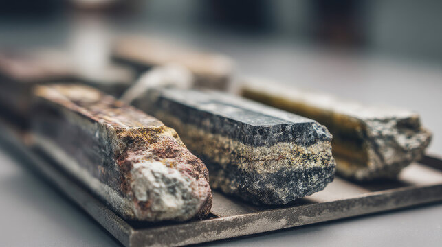 Assorted rare earth mineral rock core samples on a tray in a lab