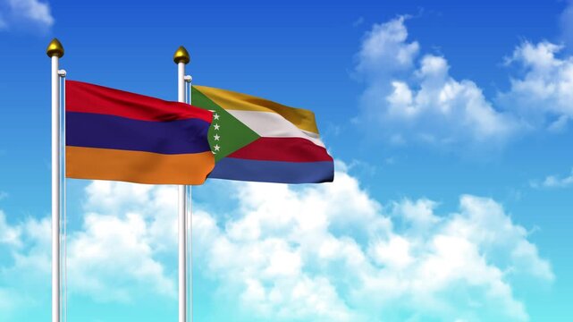 Waving flags of ARMENIA and COMOROS on pole included with alpha