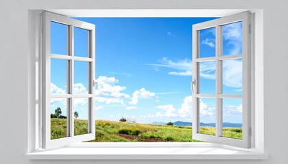 Fototapeta premium Offenes Fenster mit blauem Himmel