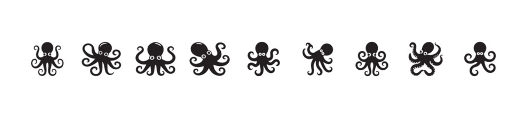 Group of black stylized octopus icons presenting diverse charming postures on white background © FARJANAAKTER