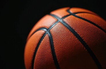 Orange basketball detailed texture shown on black background. Macro shot of sport equipment with deep grip lines. Game ball prepared for match. Focus on sport.