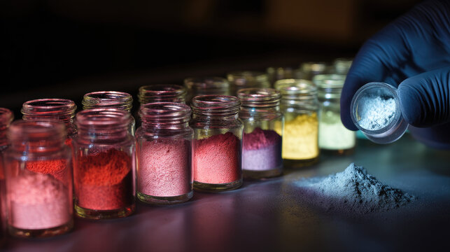 Gloved hand holding a small vial of glowing phosphorescent powder sample