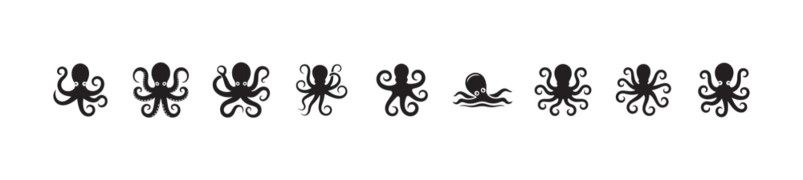 Set of black octopus icons and simple graphic silhouettes for sea life design projects