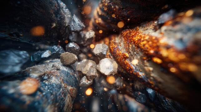 Abstract close up of mineral rocks and glowing particles in dark environment