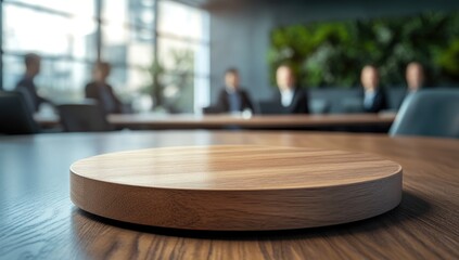 Obraz premium Photo of a round wooden podium on an office table with business people in the background.