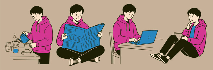 boy with hoodie working action illustration