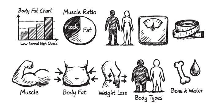 Hand-drawn sketch illustrating body composition elements like muscle, fat, body fat percentage, bone, and water, with chart, body types. Useful for health, fitness, and diet content.
