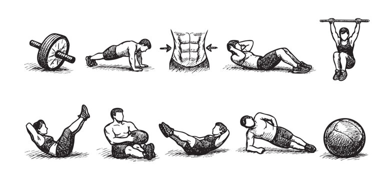 Hand-drawn sketches of various core exercises: ab wheel, crunches, plank, leg raises, exercise ball, Russian twists. Useful for workout infographics, posters or gym related designs.