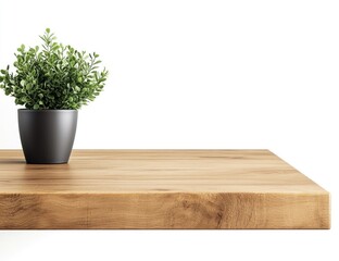 Fototapeta premium Photo of a wooden kitchen counter with a potted plant on it, isolated on a white background. Web banner with copy space on the right side.