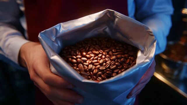 Rich Aromatic Coffee Beans in a Glossy Silver Bag, Captivating Brew Enthusiasts with Their Shine and Texture for Perfect Preparation Moments