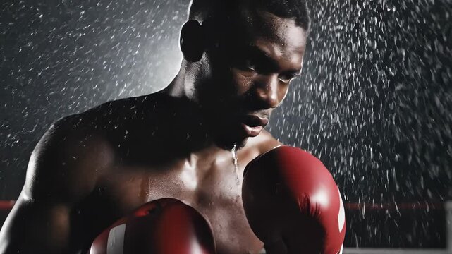 Intense Boxer Training in the Ring Under the Rain.