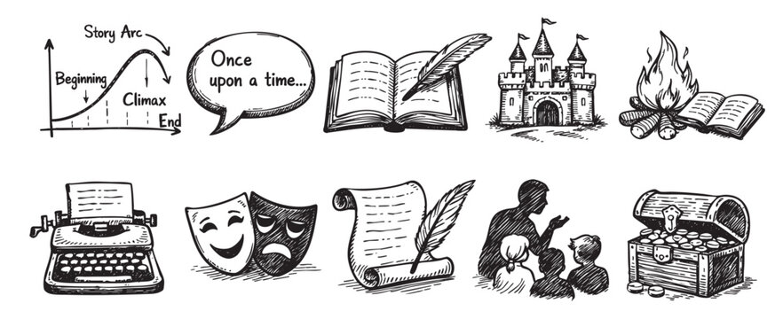 A sketched collection of storytelling symbols including a story arc, open book, castle, campfire, theatre masks, and a storyteller. Perfect for writing, education, or theatre.