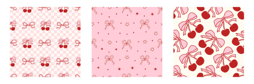 Coquette seamless pattern set featuring playful cherry and bow motifs with star accents in soft pink and red tones. Charming and feminine designs are perfect for trendy products and stationery.