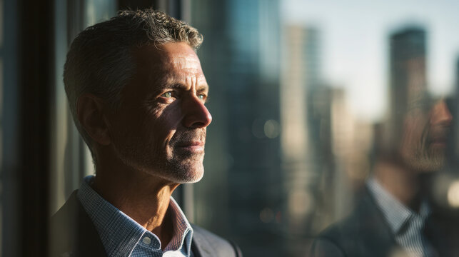 Confident ceo standing by a window overlooking the city at sunset, thoughtful business leader reflecting on success and future growth