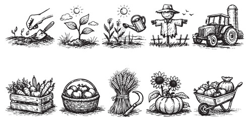 Obraz premium Black and white illustration set featuring agriculture and farming themes, including planting, scarecrow, crops, and harvest. Perfect for illustrating rural life, food or sustainability.