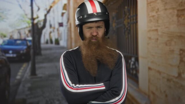 Man with black motorcycle helmet and arms crossed on street beside a stone building; denial rejection.
