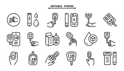 Diabetes and Glucometer Icon Set: Device, Test Strip, Smartphone Connection, Blood Drop, Syringe and Tools for Health Control  © Chistoprudnaya