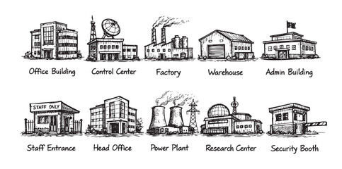 Fototapeta premium Hand-drawn style illustration featuring various building types including office, factory, power plant, and security booth. Use for presentations, infographics, or educational materials.