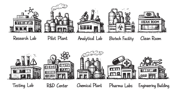 Hand-drawn doodle set featuring various scientific and industrial buildings, including research labs, pilot plants, and pharma labs. Use for science, research, education, or industry illustrations.