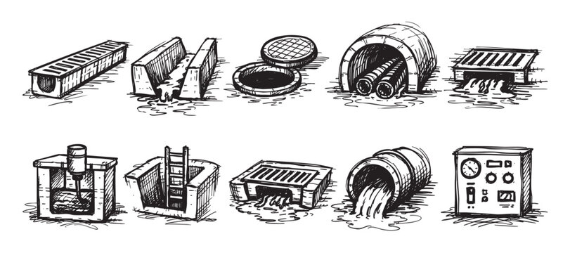 Hand-drawn illustration of various infrastructure elements including pipes, sewers, manholes, and control panels. Perfect for use in urban planning, civil engineering, and utility service designs.