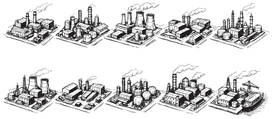 Obraz premium Hand-drawn set of isometric factory illustrations. Depicts various industrial buildings, smokestacks, and transportation elements. Ideal for architectural visualizations, environmental reports, or inf