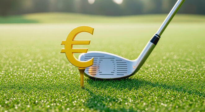 A gold euro sign depicting a golf ball with a club at the moment of impact. Conceptualizing the euro's value on the global market. Changes in the euro exchange rate.