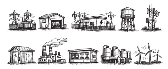 Fototapeta premium A set of hand-drawn style illustrations depicting various power generation facilities including coal, nuclear, hydro, and wind. Great for infographics, presentations, or illustrating energy transition