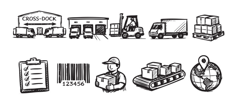 Hand-drawn illustration of delivery and logistics icons. Includes trucks, warehouse, forklift, boxes, and globe. Ideal for shipping, supply chain and transportation content.