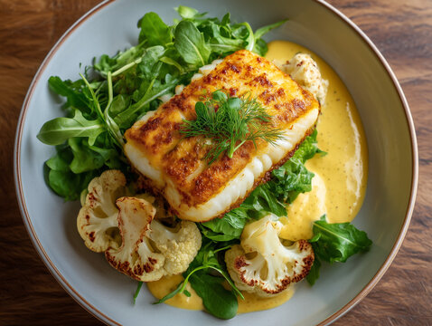 Pan seared fish fillet with roasted cauliflower on aragula