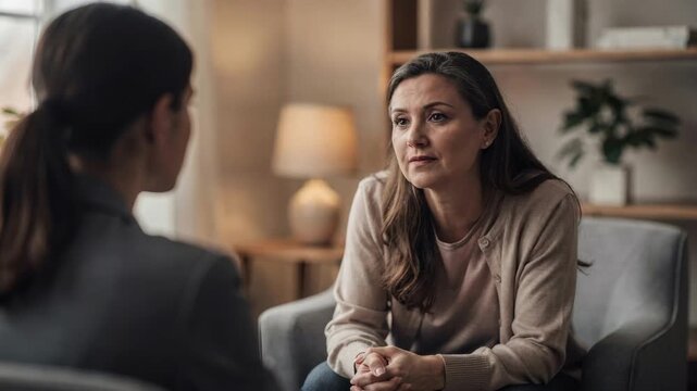 Medium shot capturing a oneonone counseling session addressing mood challenges emphasizing the empathetic counselors expression with the rest of the room softly blurred.