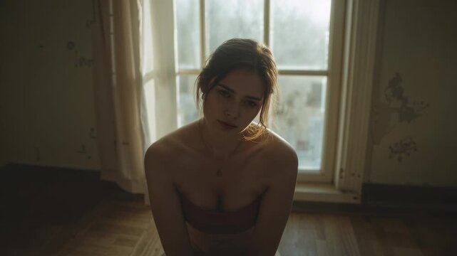 Blinking woman wearing strapless top tilting head before tall multi-pane window, contemplating