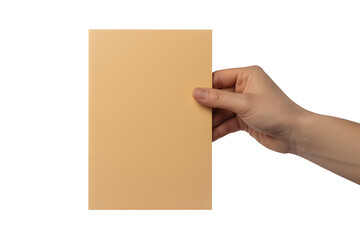 Obraz premium Human hand holding a blank beige card for mockup and message presentation