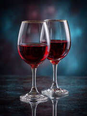 Naklejka premium Two red wine glasses reflecting celebration and elegance