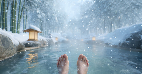 雪の中の露天温泉でくつろぐ冬のひととき 足元から見る温泉の自撮り 