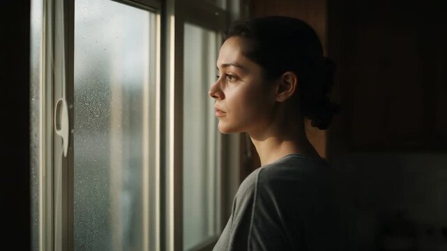 Noticing raindrops, woman with bun opening eyes, turning head at kitchen window handle, copy space