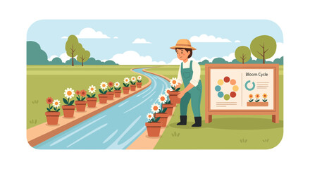 Naklejka premium Gardener tending to potted flowers alongside a flowing irrigation canal.