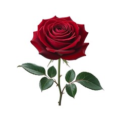 Fototapeta premium Single Deep Red Rose on Long Stem with Green Leaves Isolated on White