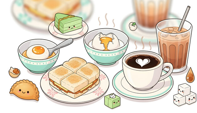 AI ILLUSTRATION - Cute illustration of Chinese Kopitiam food and drink set in pastel colorful tones 